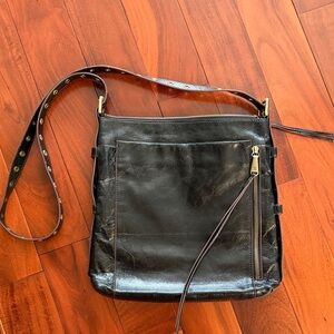 Black crossbody leather hobo bag